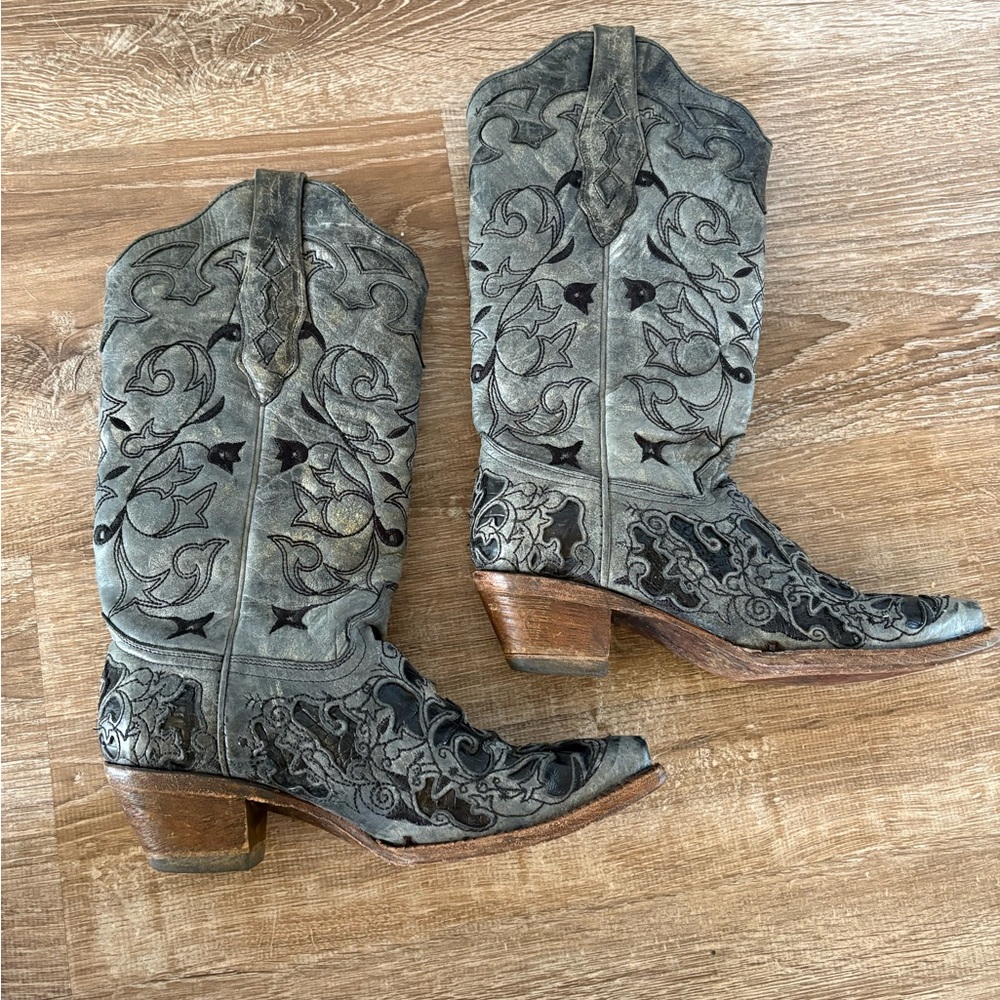 Corral Leather Cowgirl Boots Gray & Black Embroidered Sz 6.5